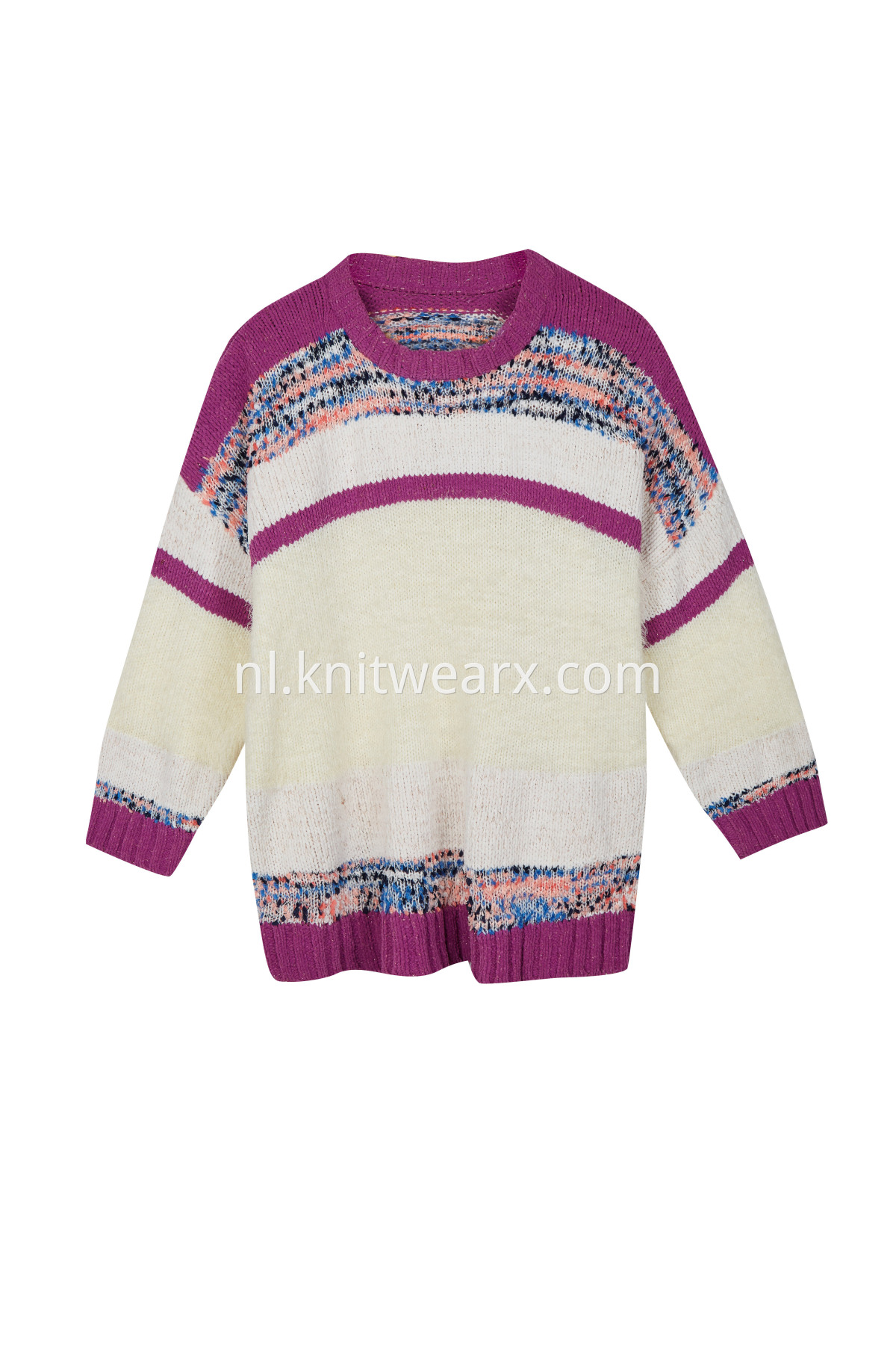 Women's Fancy Yarn Color Block Stripes V-Neck Pullover Knit Sweater